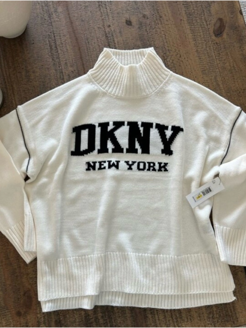 DKNY Cream Turtleneck Sweater with Black Logo